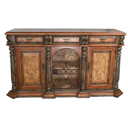 Buffet de 193 cm de large en fer forgé rustique et bois massif, portes verrouillables, style colonial espagnol