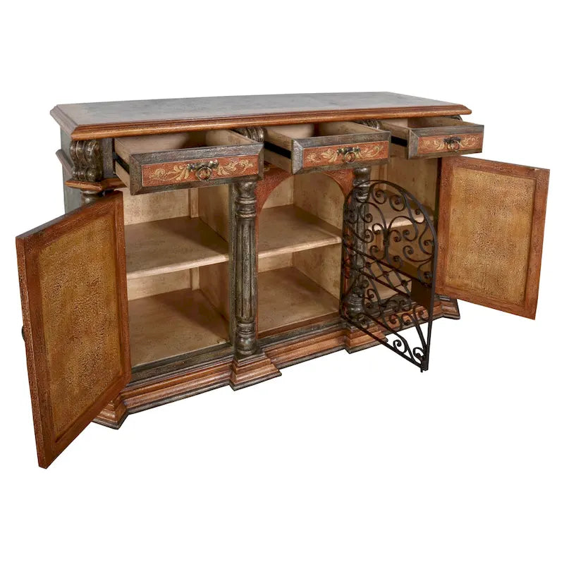 Buffet de 193 cm de large en fer forgé rustique et bois massif, portes verrouillables, style colonial espagnol