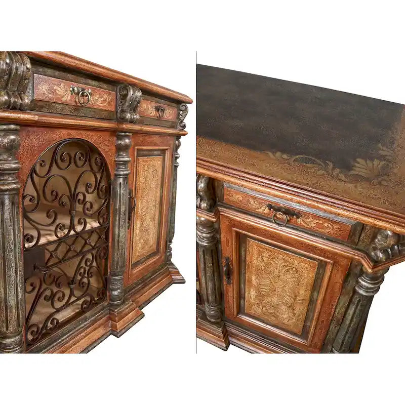 Buffet de 193 cm de large en fer forgé rustique et bois massif, portes verrouillables, style colonial espagnol