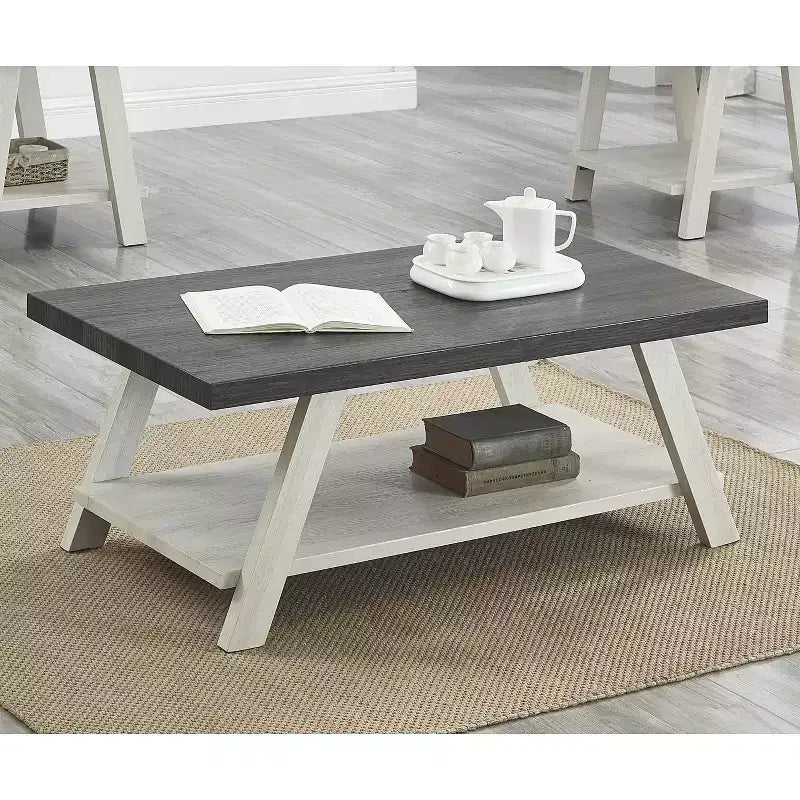 Table basse contemporaine Athènes avec étagère bicolore en bois, coloris charbon vieilli et beige