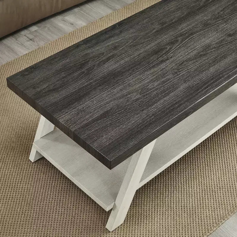Table basse contemporaine Athènes avec étagère bicolore en bois, coloris charbon vieilli et beige