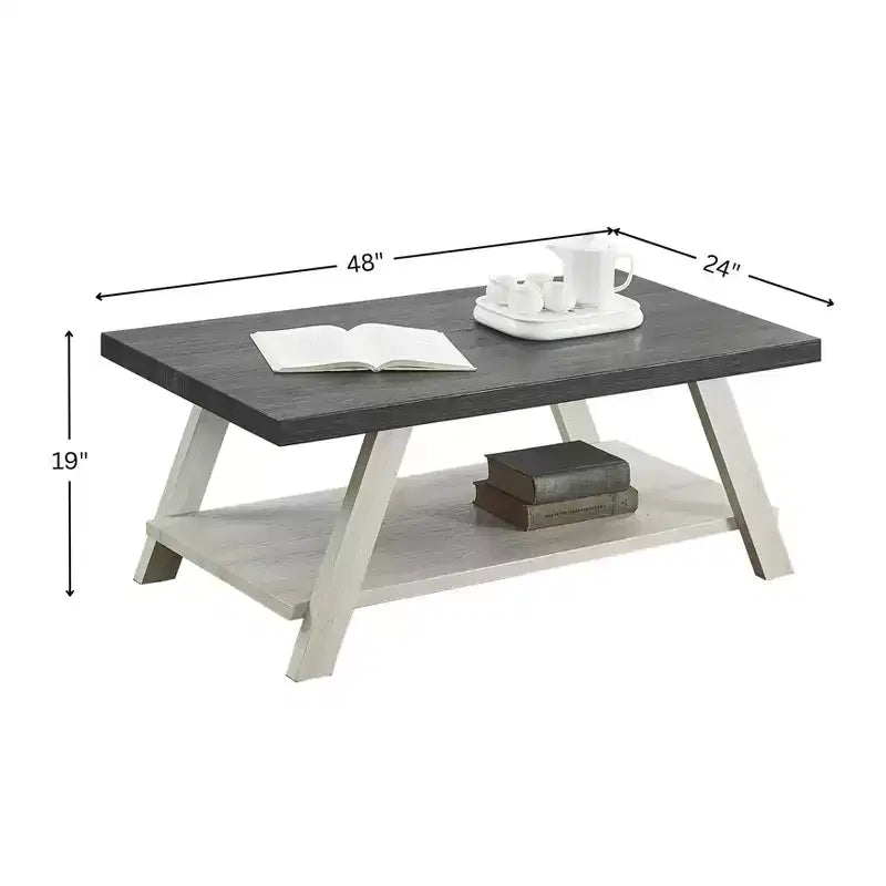 Table basse contemporaine Athènes avec étagère bicolore en bois, coloris charbon vieilli et beige