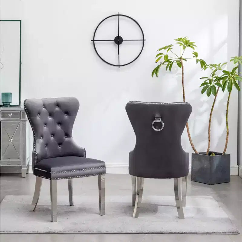 Fauteuil en velours capitonné contemporain Montura de Roundhill Furniture avec clous décoratifs, gris, lot de 2