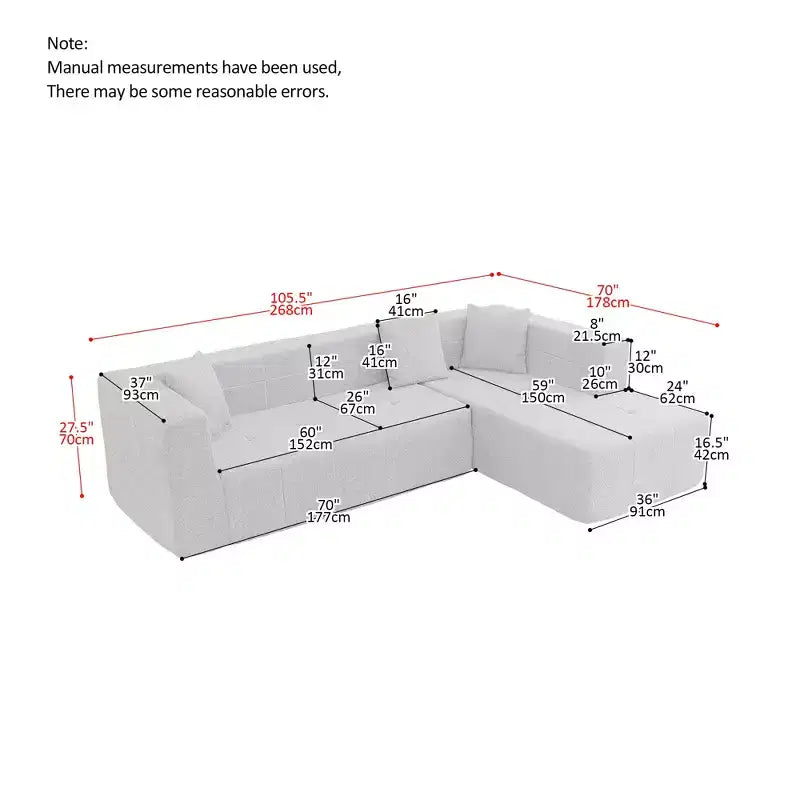 Canapé d'angle modulable au sol en L, 105,5W, avec assise profonde et capitonnée, pour salon - ModernLuxe