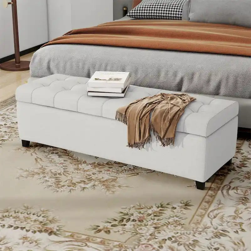 Banc de rangement en lin capitonné de 128 cm avec pieds en bois, 2 couleurs