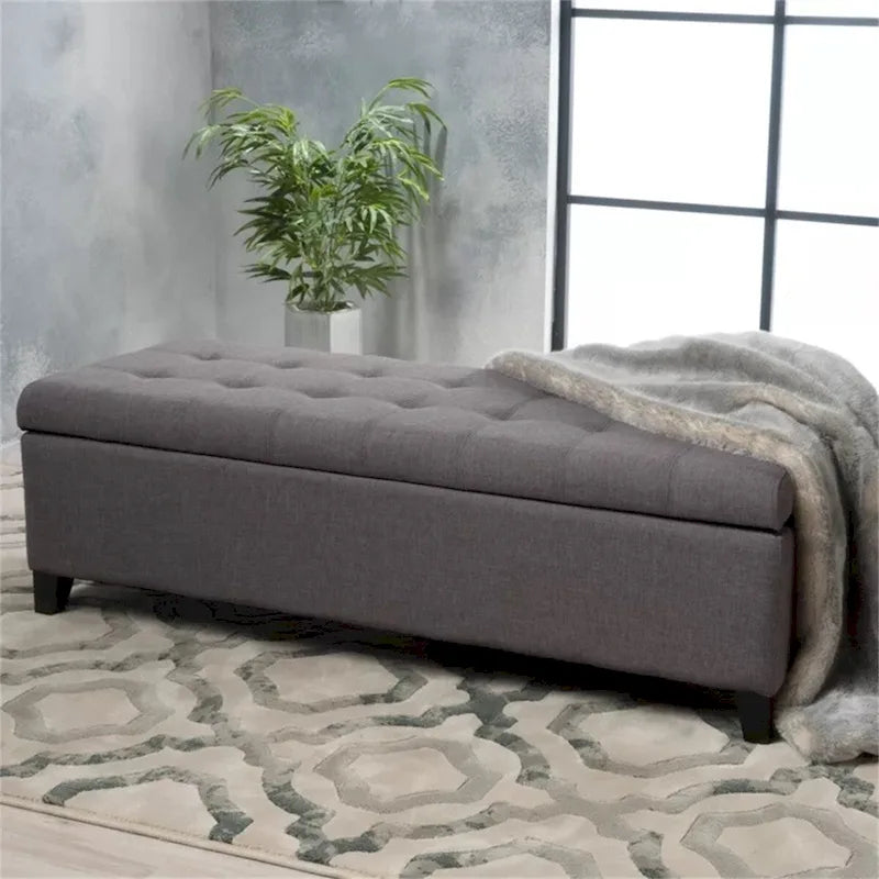 Banc de rangement en lin capitonné de 128 cm avec pieds en bois, 2 couleurs