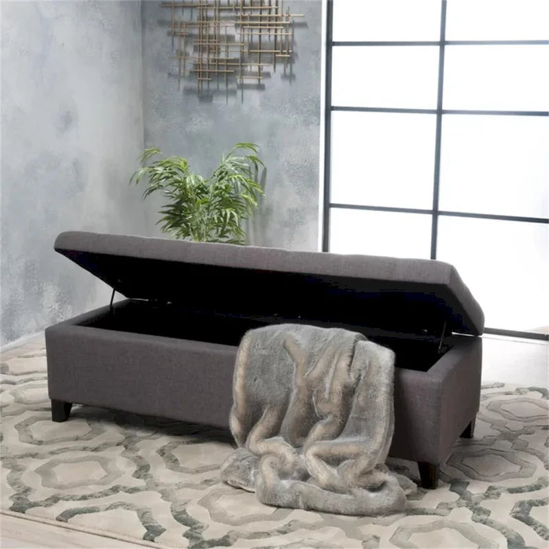Banc de rangement en lin capitonné de 128 cm avec pieds en bois, 2 couleurs