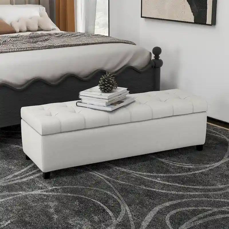 Banc de rangement en lin capitonné de 128 cm avec pieds en bois, 2 couleurs