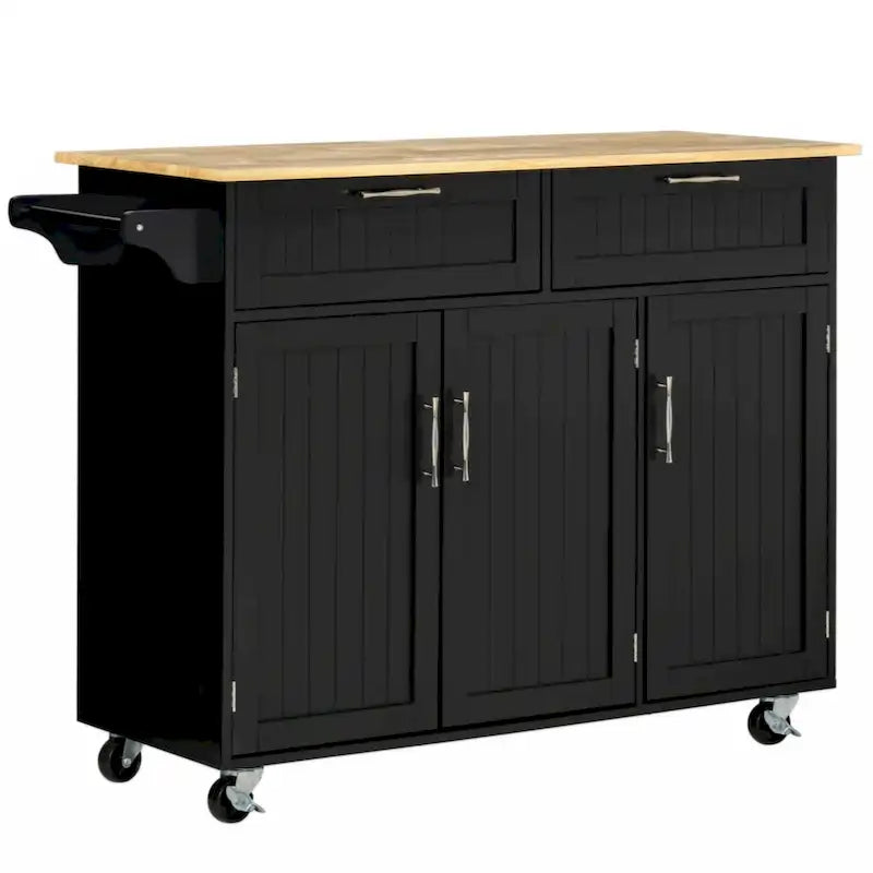 Kitchen Cart with Wood Top, Storage Drawers, 3-door Cabinets, Adjustable Shelves and Towel Rack, Black