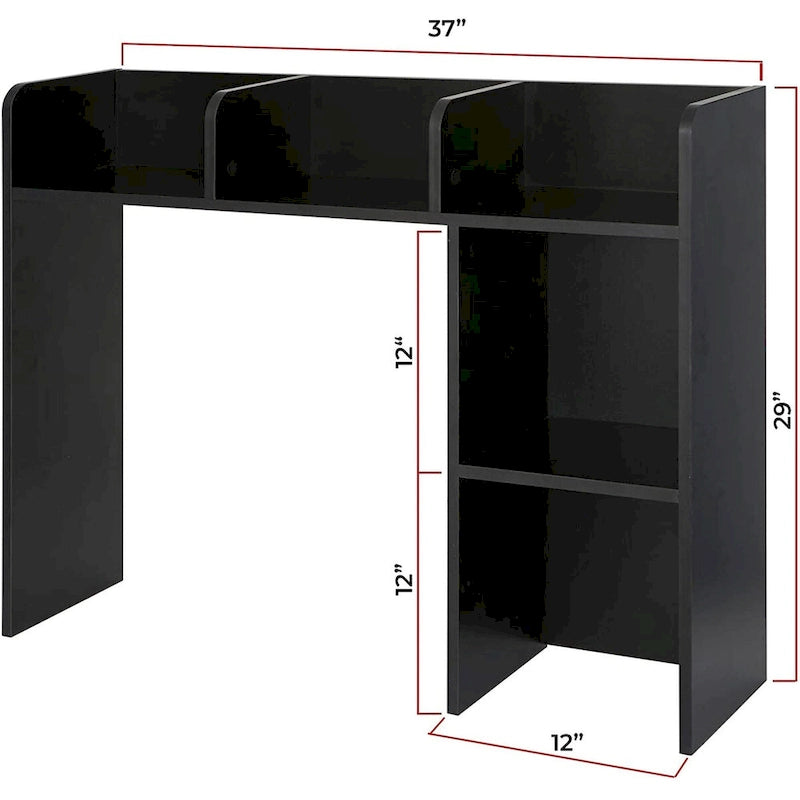 37"L Wood Desk Bookshelf with Divided Shelves, Black Finish, Office & Dorm Organizer