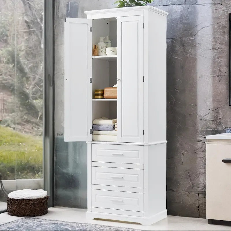 Freestanding Storage Cabinet with Two Doors, 3 Drawers, and Adjustable Shelves