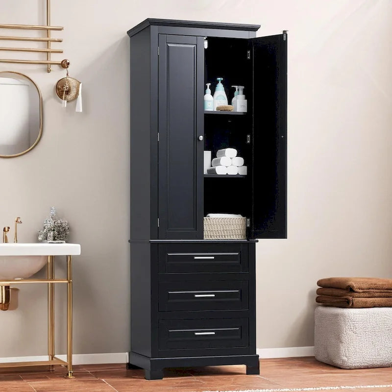 Freestanding Storage Cabinet with Two Doors, 3 Drawers, and Adjustable Shelves