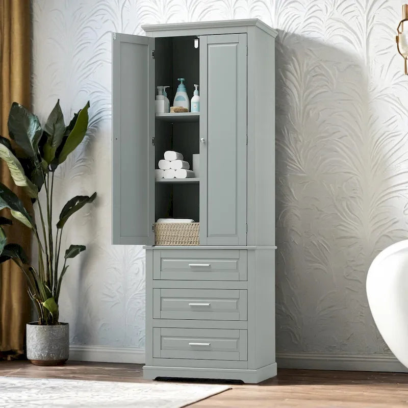 Freestanding Storage Cabinet with Two Doors, 3 Drawers, and Adjustable Shelves