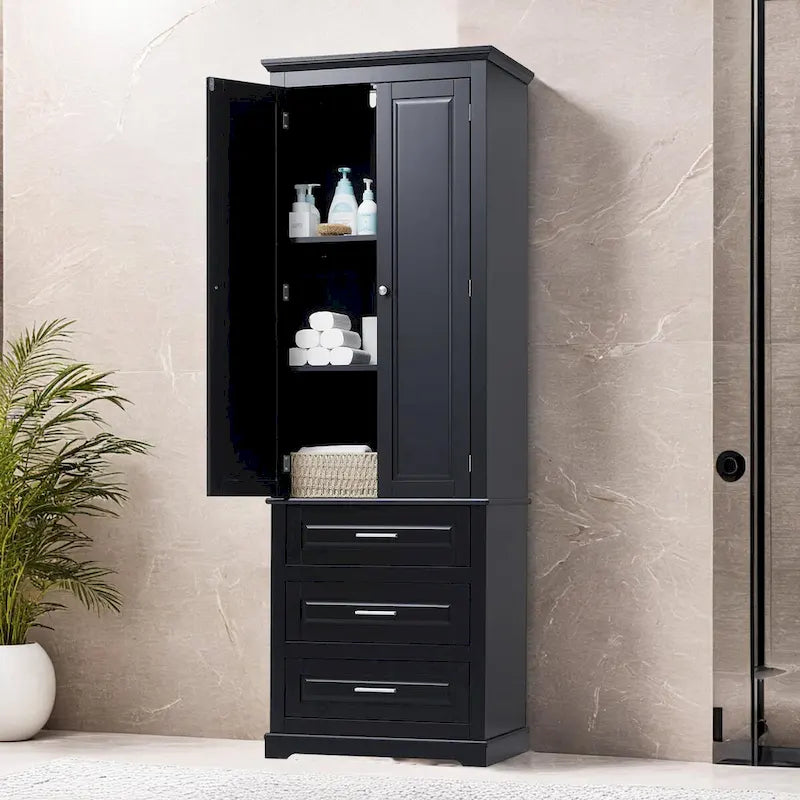 Freestanding Storage Cabinet with Two Doors, 3 Drawers, and Adjustable Shelves