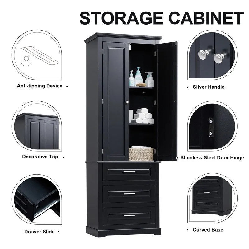 Freestanding Storage Cabinet with Two Doors, 3 Drawers, and Adjustable Shelves