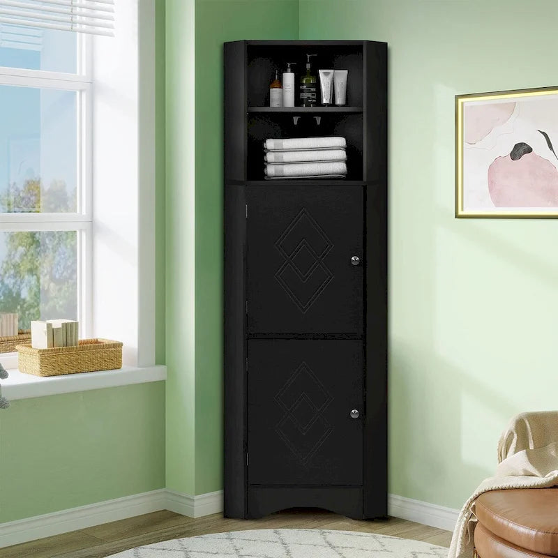 Modern Wooden Corner Tall Bathroom Storage Cabinet with Metal Handles