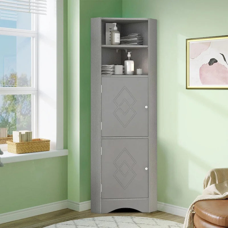 Modern Wooden Corner Tall Bathroom Storage Cabinet with Metal Handles