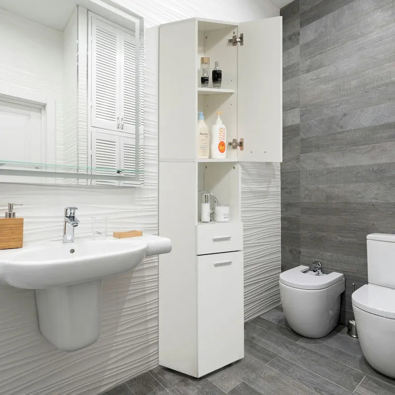 71.5 Inches Tall Thin Corner Shelf Floor Cabinet with 2 Doors, 1 Drawer, Freestanding Linen Tower Cabinet