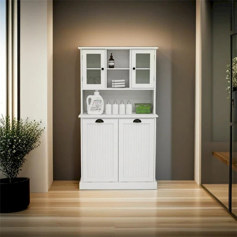 Two-Compartment Tilt-Out Dirty Laundry Basket Tall Bathroom Cabinet
