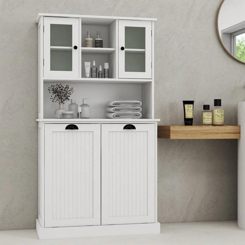 Two-Compartment Tilt-Out Dirty Laundry Basket Tall Bathroom Cabinet