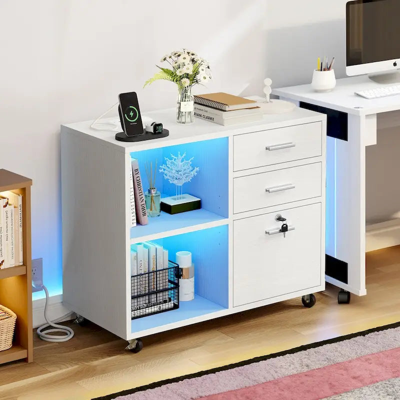 Moasis 3 Drawers Mobile LED Light Filing Cabinet with Charging Station Fit for A4/Letter Size