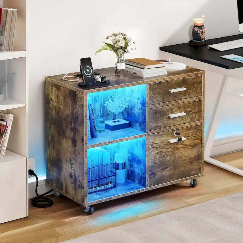 Moasis 3 Drawers Mobile LED Light Filing Cabinet with Charging Station Fit for A4/Letter Size
