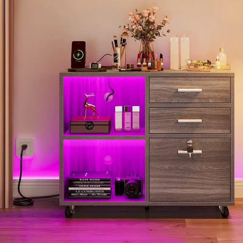 Moasis 3 Drawers Mobile LED Light Filing Cabinet with Charging Station Fit for A4/Letter Size