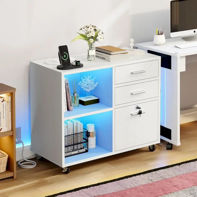 Moasis Classeur mobile à LED 3 tiroirs avec station de charge compatible format A4/Lettre