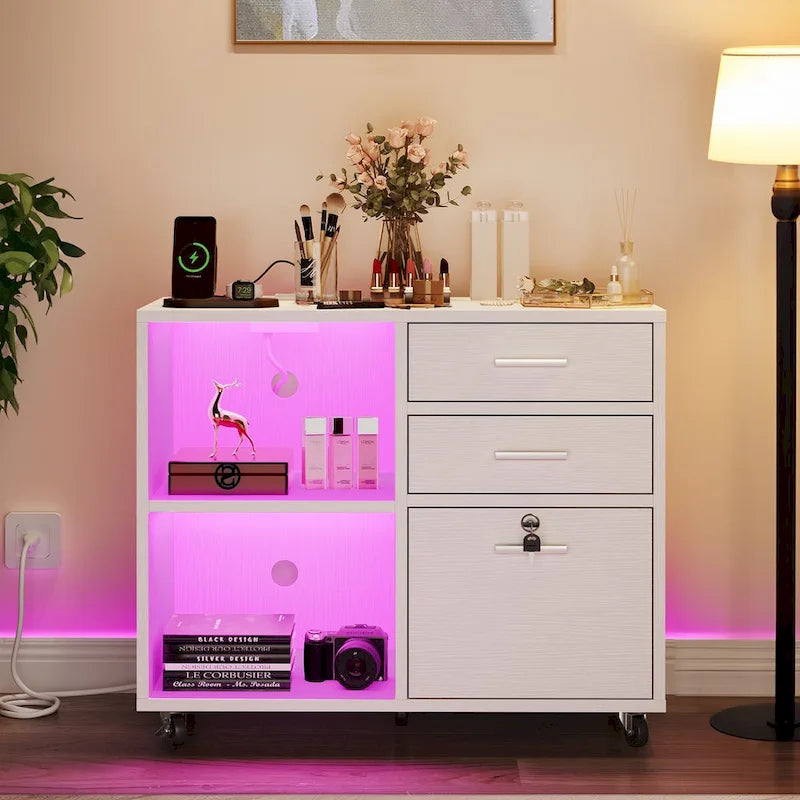 Moasis Classeur mobile à LED 3 tiroirs avec station de charge compatible format A4/Lettre