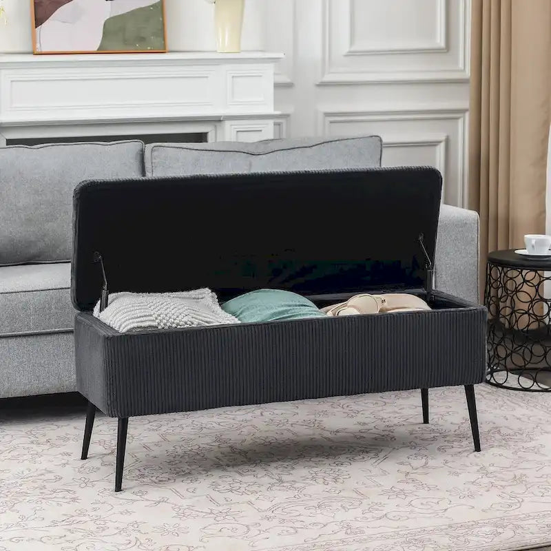 Banc de rangement en velours rayé de 112 cm, capacité de 136 kg, pieds en métal, style bout de lit ou entrée