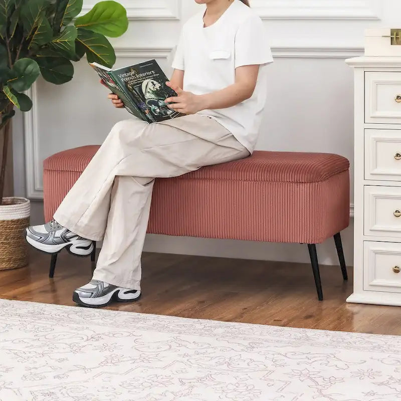 44" Striped Velvet Storage Bench, 300 lb Capacity, Metal Legs, Bed End or Entryway Style