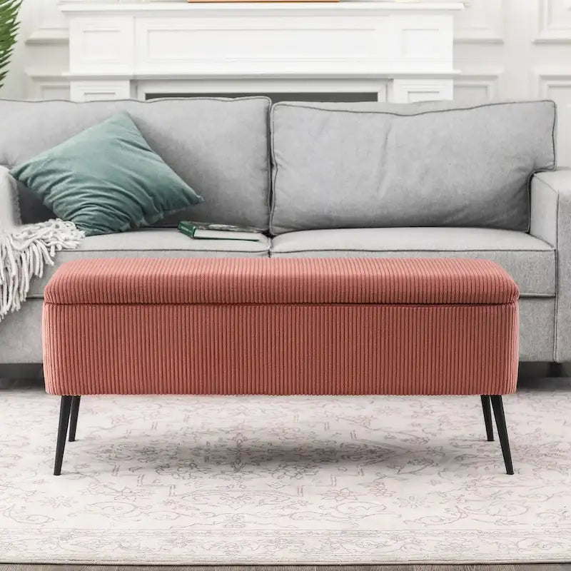 Banc de rangement en velours rayé de 112 cm, capacité de 136 kg, pieds en métal, style bout de lit ou entrée