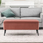 Banc de rangement en velours rayé de 112 cm, capacité de 136 kg, pieds en métal, style bout de lit ou entrée