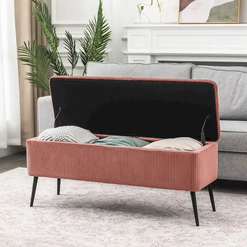 Banc de rangement en velours rayé de 112 cm, capacité de 136 kg, pieds en métal, style bout de lit ou entrée