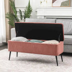 Banc de rangement en velours rayé de 112 cm, capacité de 136 kg, pieds en métal, style bout de lit ou entrée