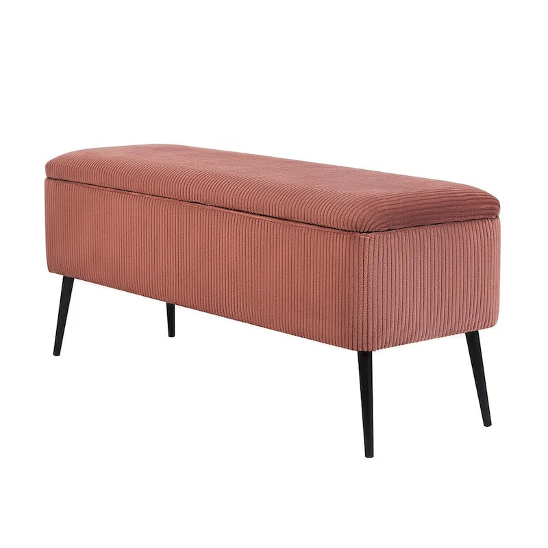Banc de rangement en velours rayé de 112 cm, capacité de 136 kg, pieds en métal, style bout de lit ou entrée