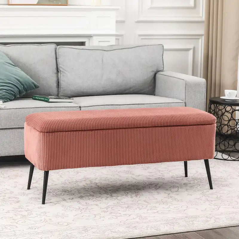 Banc de rangement en velours rayé de 112 cm, capacité de 136 kg, pieds en métal, style bout de lit ou entrée