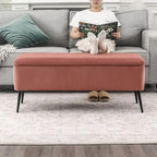 Banc de rangement en velours rayé de 112 cm, capacité de 136 kg, pieds en métal, style bout de lit ou entrée