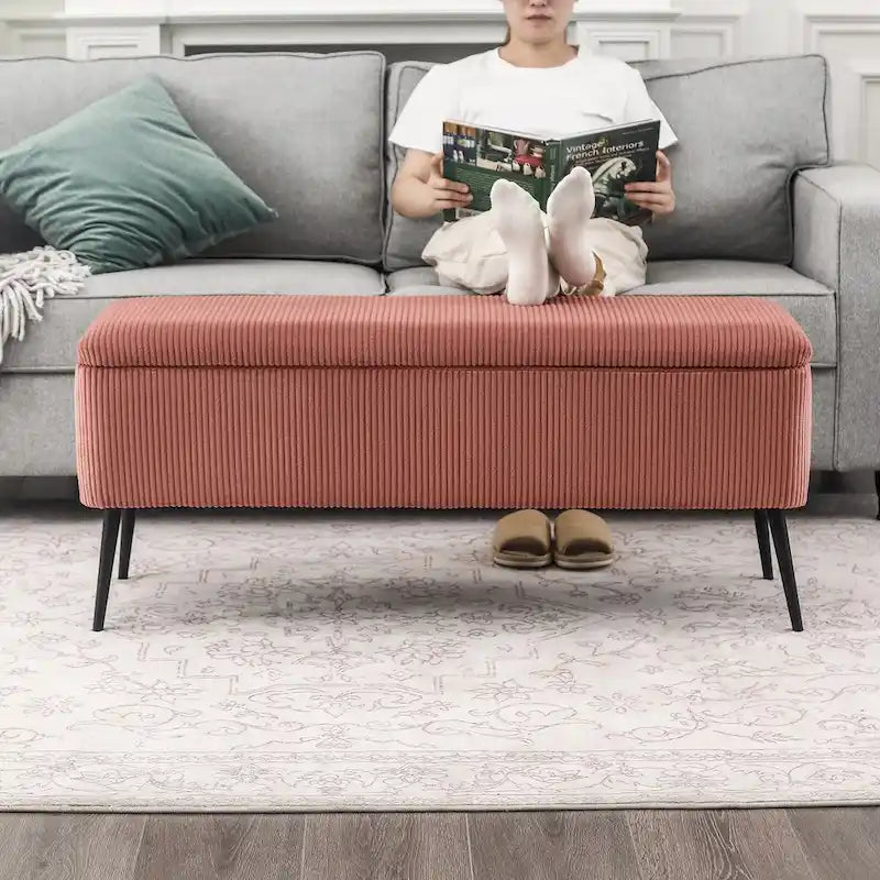 Banc de rangement en velours rayé de 112 cm, capacité de 136 kg, pieds en métal, style bout de lit ou entrée