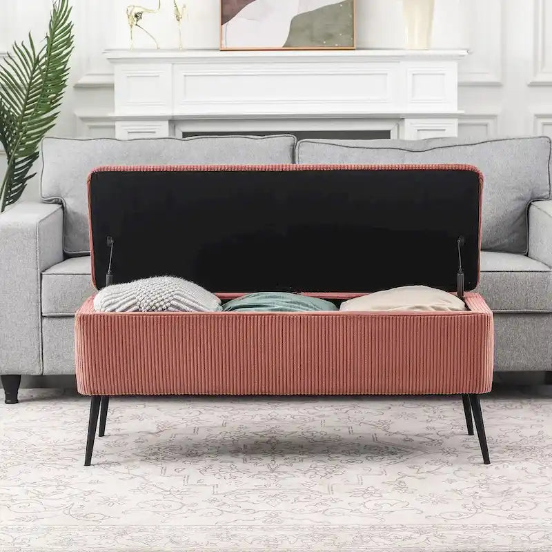 Banc de rangement en velours rayé de 112 cm, capacité de 136 kg, pieds en métal, style bout de lit ou entrée