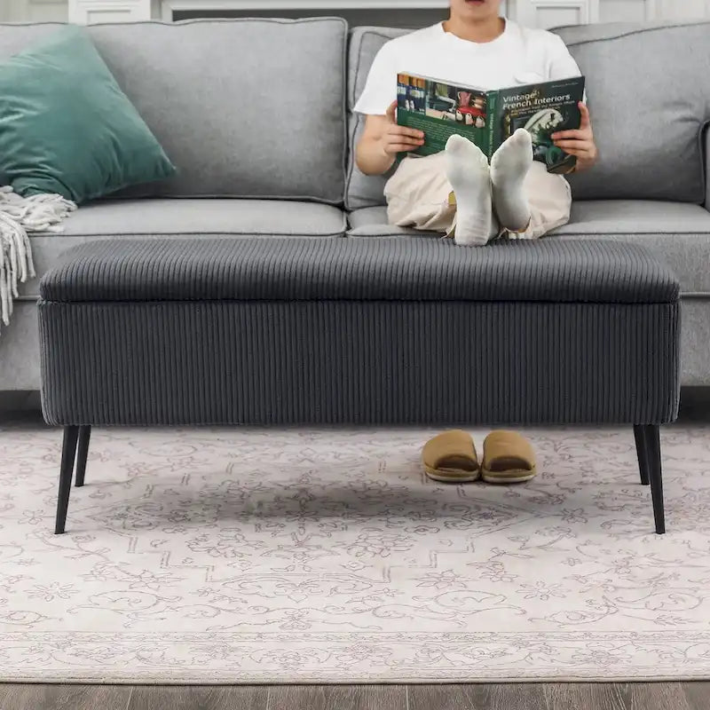 Banc de rangement en velours rayé de 112 cm, capacité de 136 kg, pieds en métal, style bout de lit ou entrée
