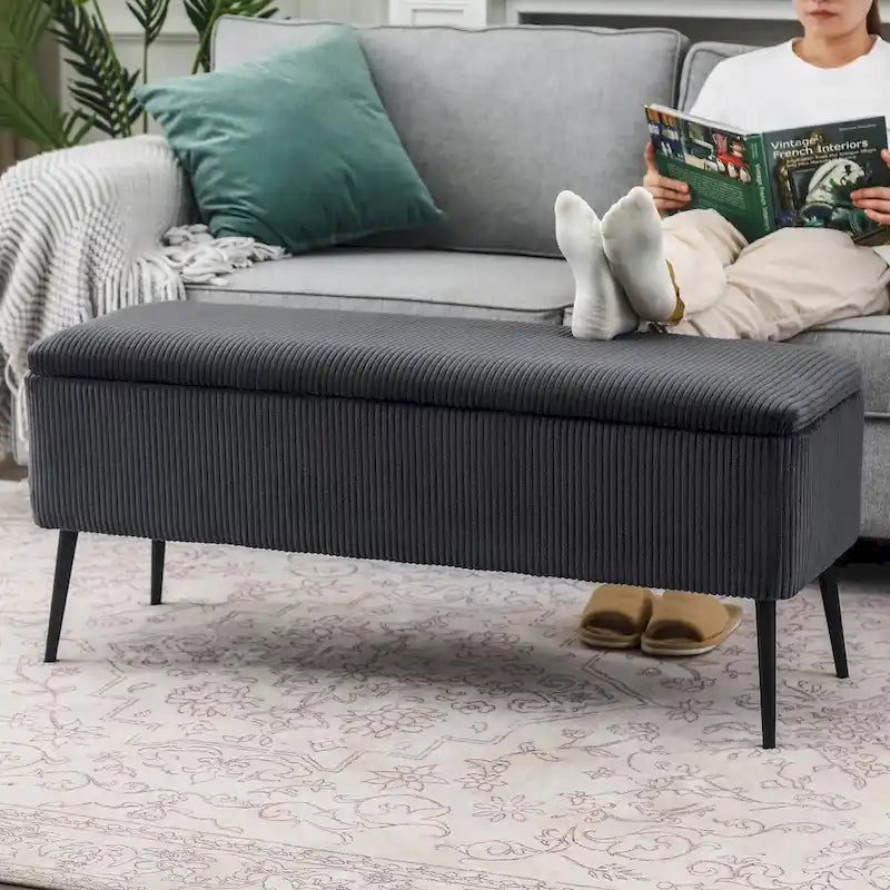 Banc de rangement en velours rayé de 112 cm, capacité de 136 kg, pieds en métal, style bout de lit ou entrée
