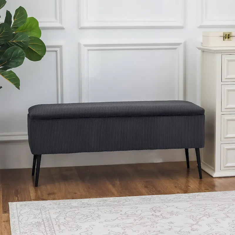 Banc de rangement en velours rayé de 112 cm, capacité de 136 kg, pieds en métal, style bout de lit ou entrée