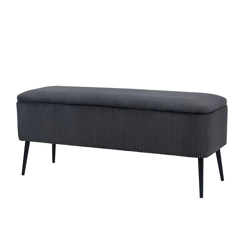 Banc de rangement en velours rayé de 112 cm, capacité de 136 kg, pieds en métal, style bout de lit ou entrée