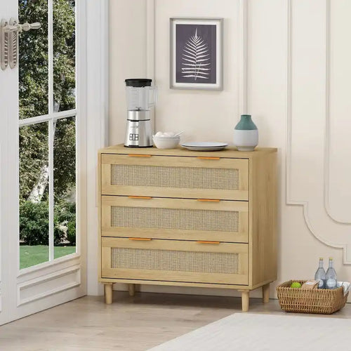 Meuble de rangement 3 tiroirs 80 cm en chêne et rotin, MDF et rotin naturel, rails à glissement fluide