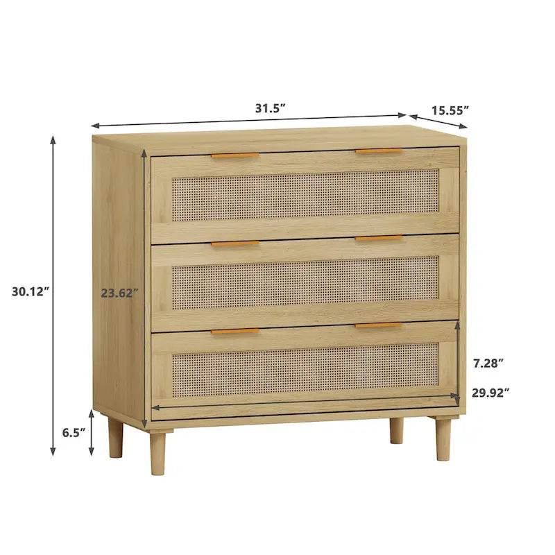 31.5"L Oak Rattan 3-Drawer Storage Cabinet, MDF & Natural Rattan, Smooth Glide Rails