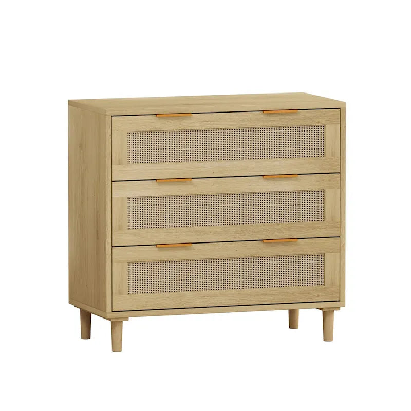 31.5"L Oak Rattan 3-Drawer Storage Cabinet, MDF & Natural Rattan, Smooth Glide Rails